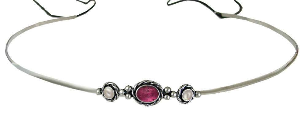 Sterling Silver Renaissance Style Headpiece Circlet Tiara With Pink Tourmaline And Cultured Freshwater Pearl